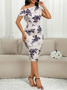 SHEIN Lady 女士碎花无袖修身中长连衣裙 - 紫色 - 查看 3