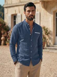 HIMLAND Men's Button Up Long Sleeve Woven Shirt, Fall - Navy Blue - View 8