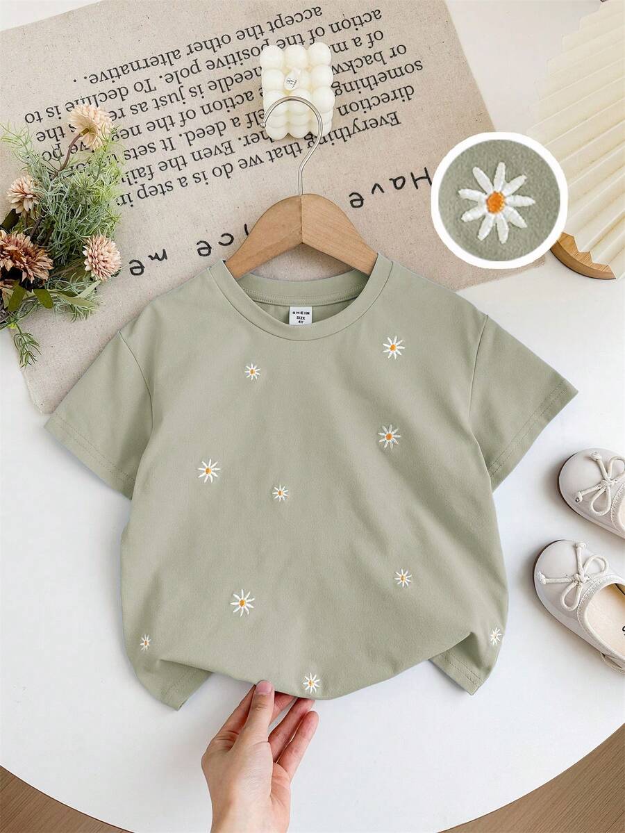 SHEIN LMoss Kids Young Girl Embroidered Loose Fit Crew Neck Casual T-Shirt - Olive Green - View 1