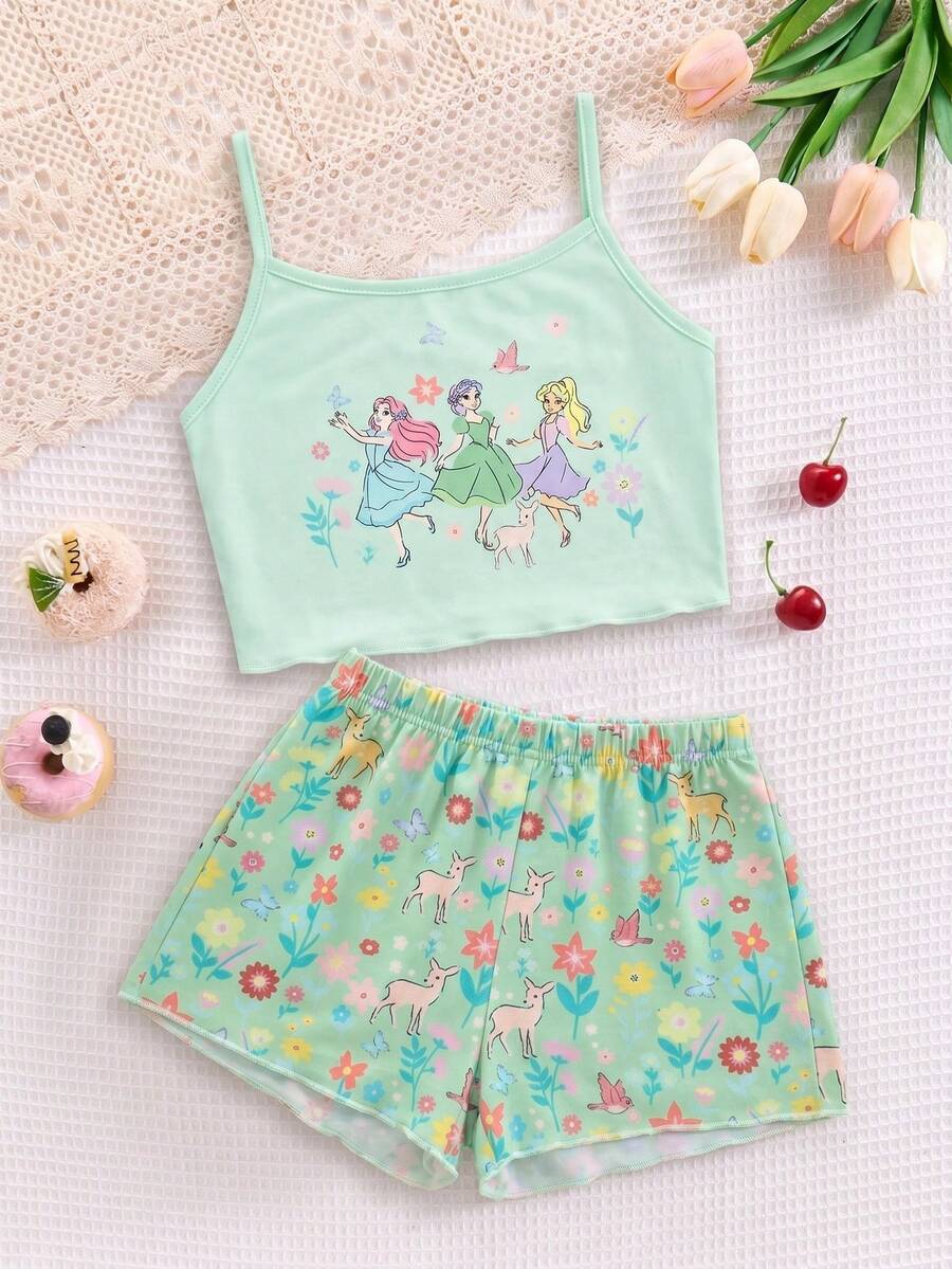 SHEIN 两件套女童吊带背心和短裤休闲家居服套装,适合夏季穿着。舒适的吊带背心和短裤套装,适合女童日常穿着、居家、度假、节日等场合。充满春夏气息。休闲、舒适、时尚的女童套装,休闲装,儿童公主风,印花T恤套装,春夏套装,新款,清爽舒适,春意盎然,清凉夏日。浅绿色,充满春日魅力,甜美可爱的公主风,波西米亚印花,印花,花卉图案。 - 綠色 - 查看 1