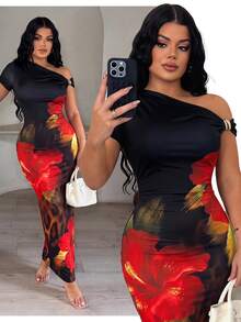 SHEIN SXY Đầm nữ thanh lịch, in hoa, cổ lệch vai, ôm dáng. - Nhiều màu - Xem 4