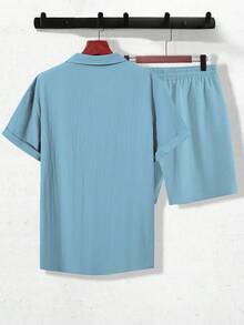 Genlund Men's Textured Solid Color Single-Breasted Short Sleeve Shirt And Drawstring Waist Pocket Shorts 2-Piece Set, Holiday - Baby Blue - View 2
