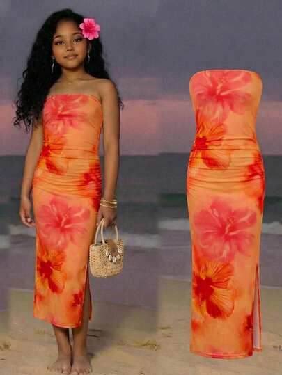 Đầm cổ yếm họa tiết hoa màu hồng xẻ tà cho bé gái tuổi teen, thời trang, đa năng, thích hợp cho đi biển, Hawaii, dạo phố, dự tiệc, đi chơi, chụp ảnh cùng chị em, công viên, cắm trại, kỳ nghỉ, thư giãn hàng ngày.