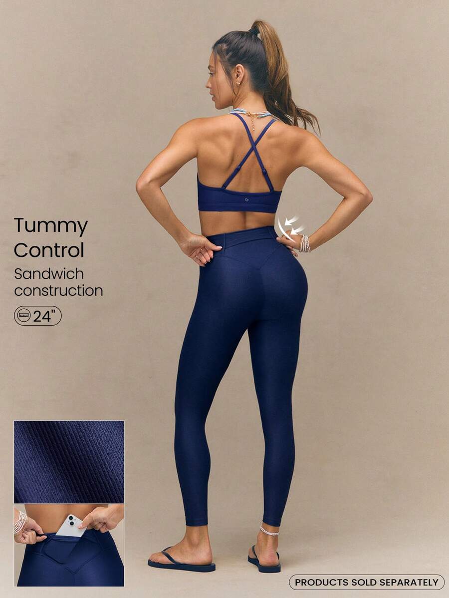 Quần legging GlossFit bóng mượt cạp cao 24 inch với túi sau có nắp đậy để đựng điện thoại an toàn, cạp quần bằng lưới hai lớp chống trượt, thích hợp cho yoga, pilates và mặc hàng ngày. - Dark Blue - Xem 1