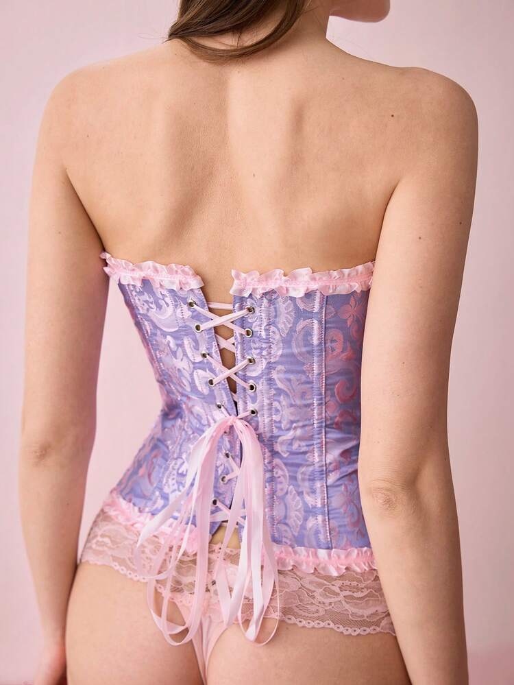 Bonmuse 复古法式经典粉蓝色蕾丝紧身胸衣，女士宫廷风格塑身衣 - 霧霾藍 - 查看 2