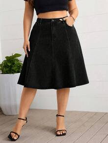 EMERY ROSE Plus Size High Waist Washed Denim Casual A-Line Skirt - Black - View 6