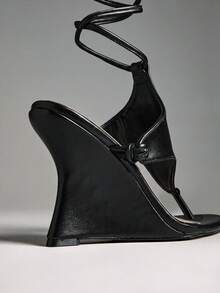 SHUZIA Ladies Thong Style Tie-Up Strap Wedge Sandals Summer Shoes - Black - View 8