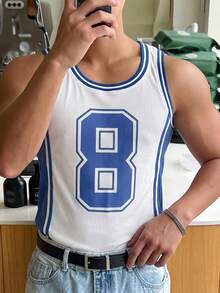 DAZY White Splicing Blue Ribbed Fabric Letter Print Design Slim Fit Men Tank Top Graphic Tee - Multicolor - View 6