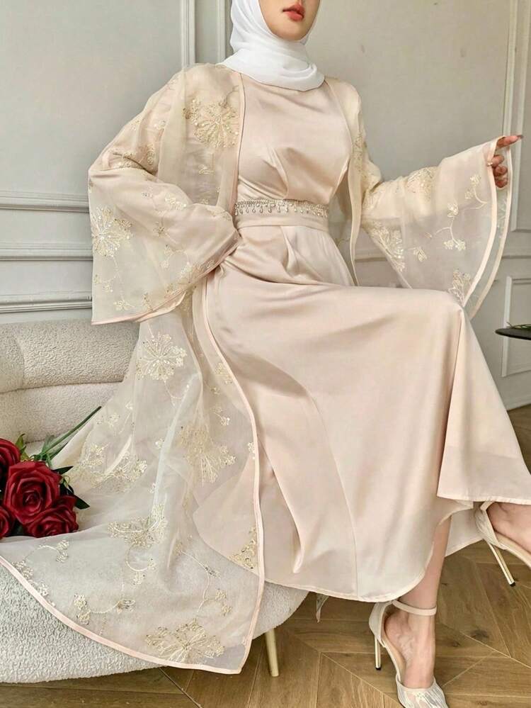 Women's Elegant Rhinestone Embellished Round Neck Dress With Flare Sleeves Shirt, 2 Pieces Set, Spring/Summer,Wedding Guest Dress Women