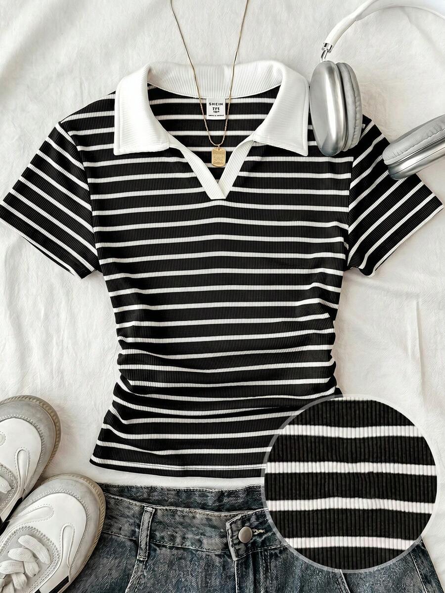 SHEIN 少女/青少年女童黑白领针织休闲撞色修身短款上衣，带小Logo刺绣 - 黑與白 - 查看 1