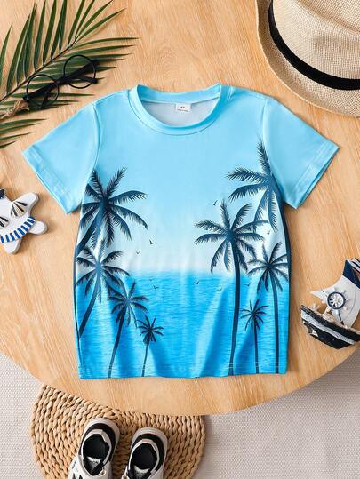 Young Boy Casual Gradient Palm Tree Print Round Neck Short Sleeve T-Shirt, Suitable For Summer Daily Casual Wear, Holiday Beach Vacation