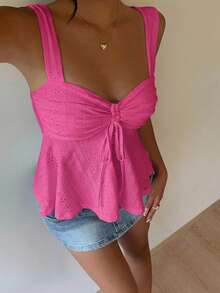 MainGRL Women's Summer Fuchsia Casual Hollow Out Embroidered Front Drawstring Tank Top,Summer Top - Hot Pink - View 3