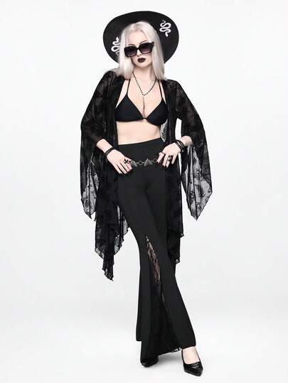 ROMWE Trang phục đi biển mùa hè, phong cách Gothic tối màu, họa tiết hoa, tay loe, chất liệu lưới xuyên thấu, vạt áo bất đối xứng, áo sơ mi in họa tiết nhung.