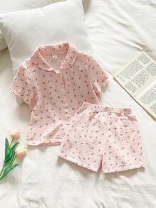 Elladie kids 女童郁金香碎花短袖翻领睡衣套装，夏季家居服 - 淺粉色 - 查看 9