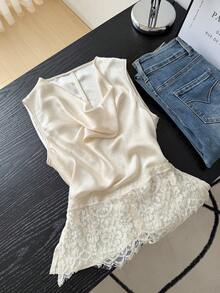 SHEIN Frenchy Women's Colorblock Lace Patchwork Cowl Neck Elegant Blouse, Spring/Summer - Apricot - View 8