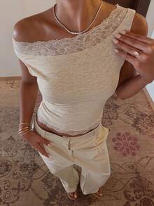Firerie Women's Off Shoulder Ribbed Lace Trim Cropped Shirt Beige Lace Summer Seksi Chic Sexy Night Out Day Party Holiday One Shoulder Fitted Top Patchwork - Apricot - View 6