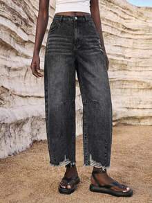 Maija Celana Jeans Kasual Ukuran Besar Warna Village dengan Kantong Miring dan Ujung Berumbai - Hitam - View 1