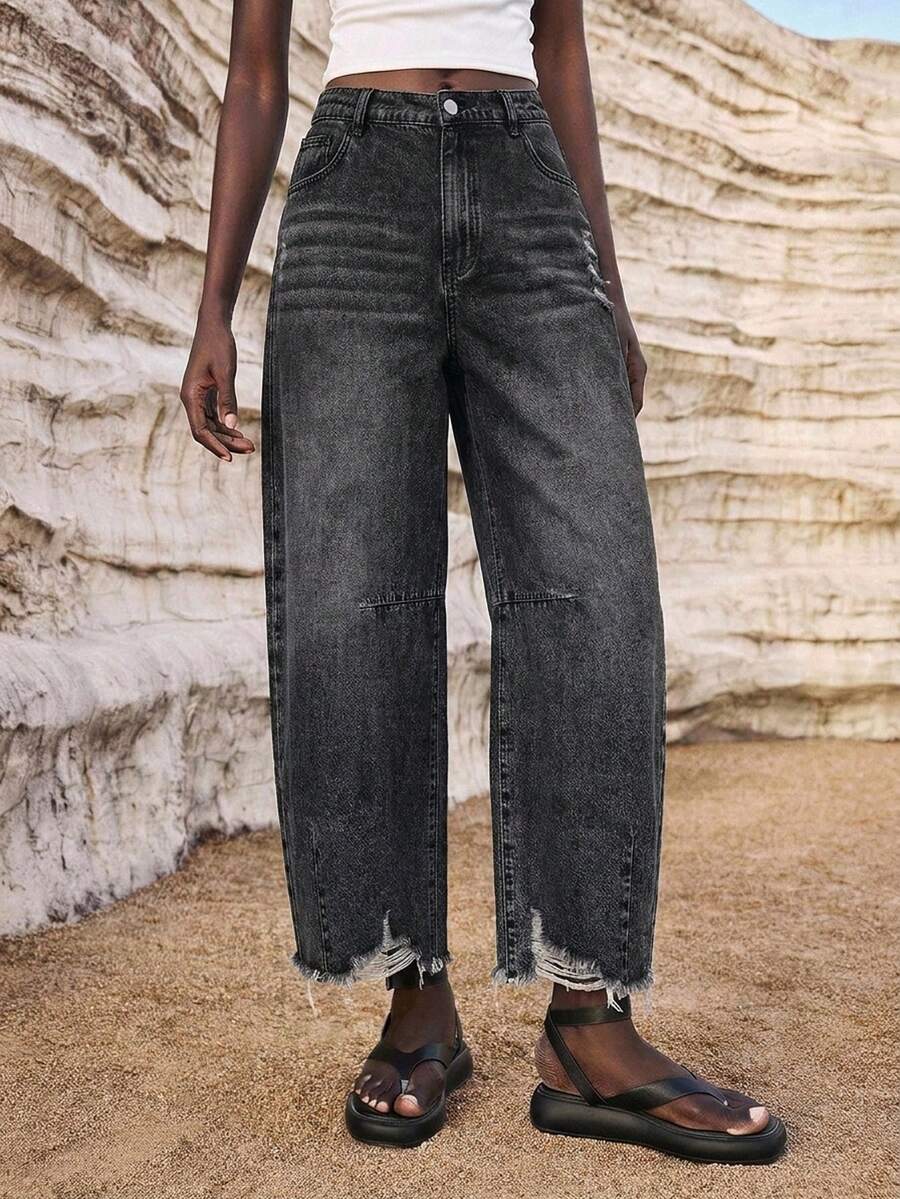 Maija Celana Jeans Kasual Ukuran Besar Warna Village dengan Kantong Miring dan Ujung Berumbai - Hitam - View 1