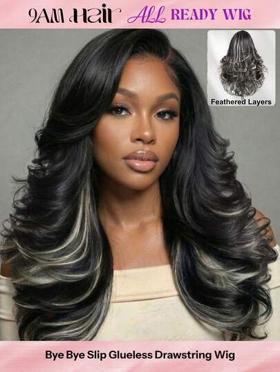 ALL READY WIG Tóc giả Bye Bye Slip 7x5 Lace Bob màu đen tro điểm xuyết trên nền tóc đen, kiểu tóc tỉa tầng nhẹ nhàng, mật độ 200%, có mái xéo ôm sát khuôn mặt, đã được cắt tỉa sẵn, tẩy màu sẵn, loại bỏ các nút thắt, 100% tóc người thật, ren trong suốt, thân thiện với người mới bắt đầu.