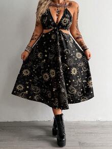 Flirla Plus Size Sexy Backless Halter Starry Sky Print Dress For Vacation - Black - View 5