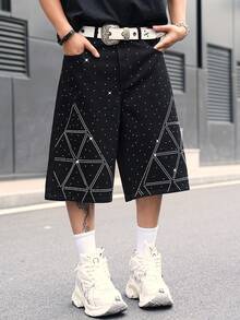 Manfinity EMRG Men's Summer Fashion Street Style Rhinestone Embellished Slant Pocket Wide Leg Denim Shorts - Black - View 4