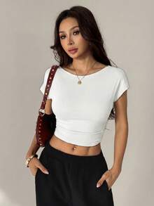SHEIN PETITE Women's Casual Solid Color Backless Cropped T-Shirt, Summer,Summer Top - White - View 2