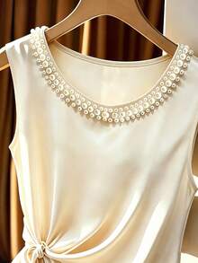Selianne Fashionable Elegant Round Neck Sleeveless Spring/Summer Tie-Front Satin Tank Top For Women - Apricot - View 5
