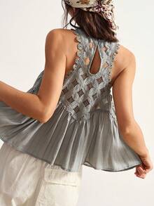Bohemela Women's Solid Color Lace Ruffle Casual Versatile Daily Wear Top - Grey - View 1