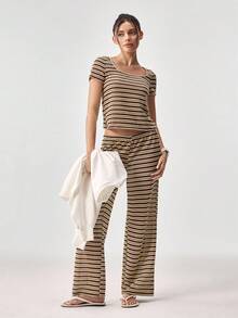 Loungeista Comfortable & Fashionable Striped Crew Neck Short Sleeve Loungewear Setfor Summer - Brown - View 1