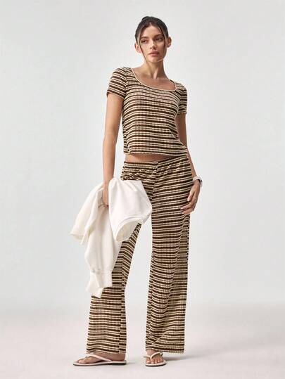Loungeista Comfortable & Fashionable Striped Crew Neck Short Sleeve Loungewear Set