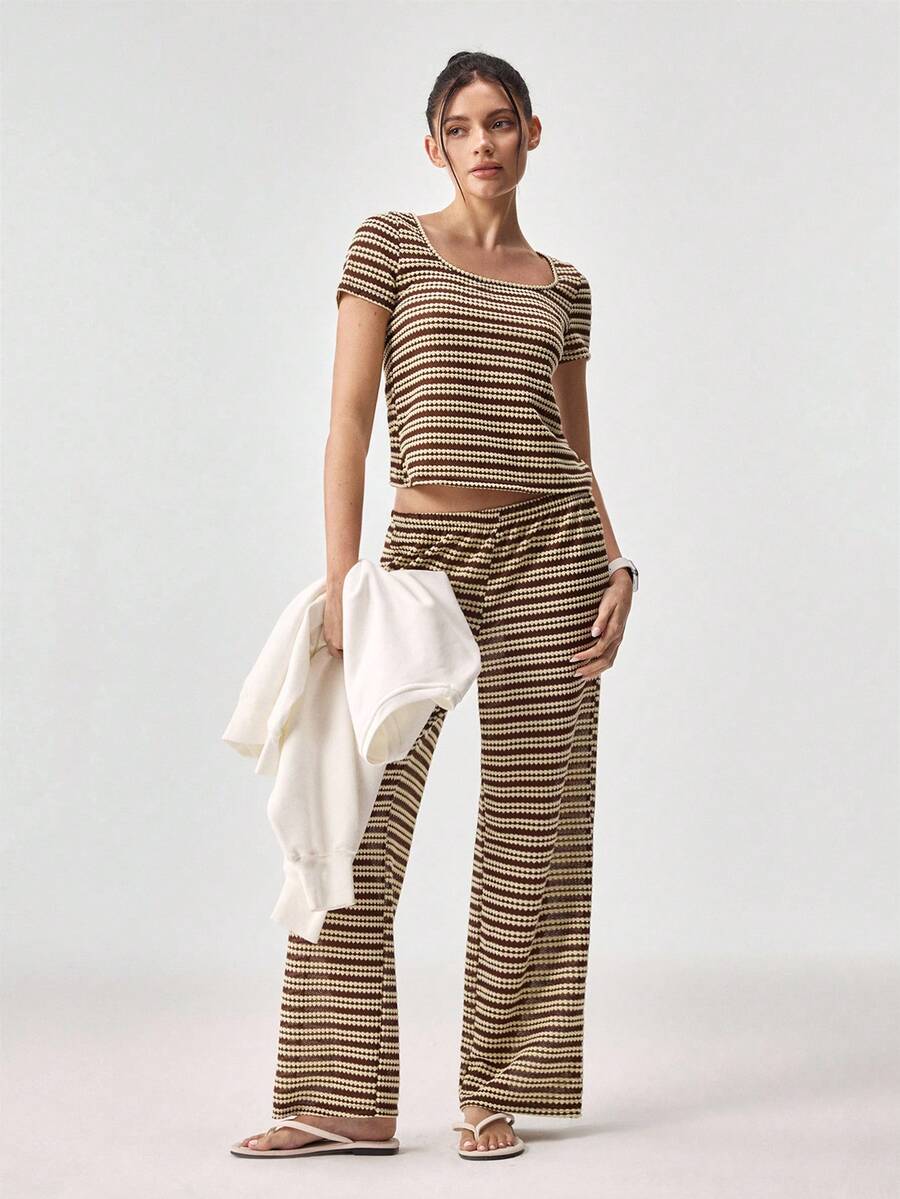 Loungeista Comfortable & Fashionable Striped Crew Neck Short Sleeve Loungewear Setfor Summer - Brown - View 1
