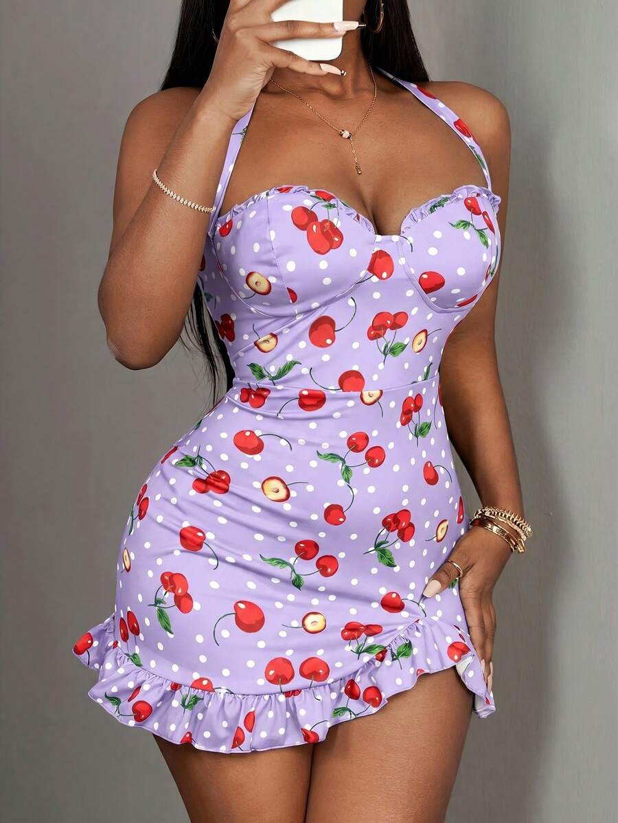 Slaydiva Vestido ajustado mini con estampado de cerezas 2025 nuevo - Púrpura malva - Ver 1