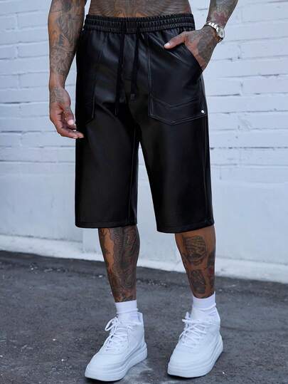 SLATEMANN Pantalones cortos de cuero sintético negro para hombres, pantalones cortos rectos versátiles y de moda