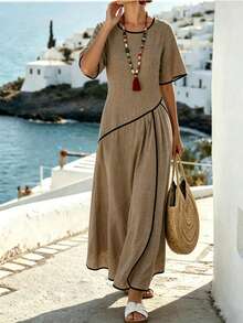 Breezaya Đầm maxi dáng suông rộng, ôm sát, màu be, chất liệu vải dệt thoáng khí, phong cách Bohemian, cổ tròn, viền tương phản, tay cánh dơi, xếp ly, tay bồng, thích hợp cho kỳ nghỉ biển. - Màu Khaki - Xem 4