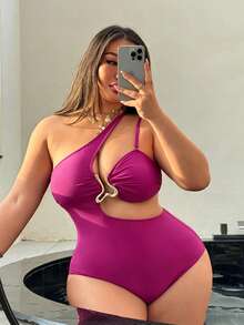 Swim SXY 大码女士纯色不对称肩带可拆卸镂空连体泳衣，适合海滩度假 - 玫紅色 - 查看 1