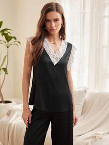 Satin Sheen Lace Patchwork Elegant Mature Women Pajama Set - Black - View 6