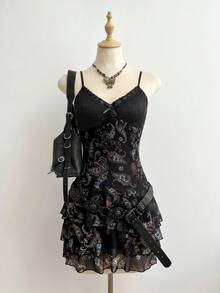 Elamini Đầm nữ, họa tiết hoa Paisley hạt điều, màu nâu, kiểu dáng đầm nghỉ dưỡng, phối lưới màu tương phản. - màu đen - Xem 5