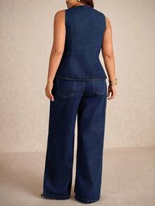 SHEIN Tall CURVE 大码女式单排扣上衣和阔腿牛仔裤休闲日常两件套 - 藍色 - 查看 7