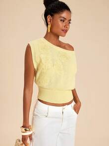 Travachic Damen Sommer Lässig Urlaubsstil einfarbiges Shirt mit bestickter Mesh-Applikation und asymmetrischem Saum, weites Cropped Strickoberteil - Gelb - Übersicht 4