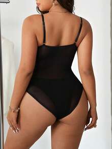 SHEIN EZwear 大码女式黑色撞色蕾丝性感连体衣 - 黑色 - 查看 2