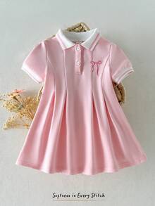 Baby Girl Butterfly Embroidered Collar Short Sleeve Waist Dress - Pink - View 8