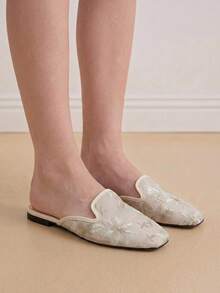 Women's Floral Embroidered Square Toe Flat Elegant Mesh Beige Mules, Daily Wedding Spring Shoes Bride Shoes Wedding Shoes Summer Shoes - Beige - View 4