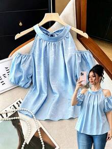GlowEve CURVE Women's Plus Size Sky Blue Rose Print Cold-Shoulder Halter Top,Elegant Summer Puff Sleeve Loose Blouse,Sweet Tea Party Short Sleeve Yisikado Clothing - Blue - View 8