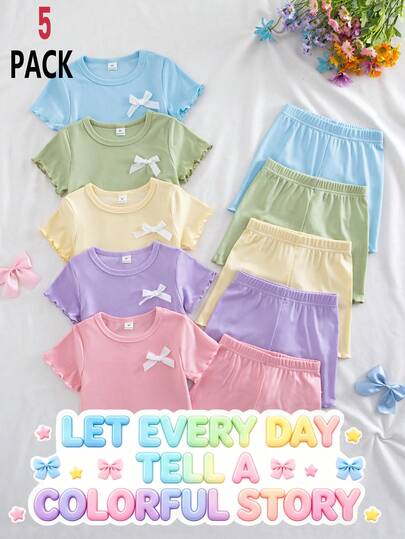 10pcs/Set Knitted Short Sleeve Shorts Set, Colorful Multi-Piece Girls Daily Outfit, Basic Casual, Collegiate Style, Multiple T-Shirt Sets, 3D Bow Decor, Cute & Comfortable, Casual Sports, Layering, Outdoor Matching