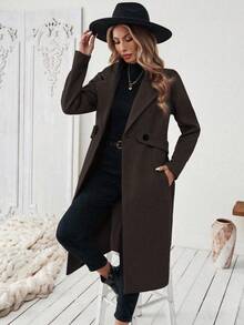 SHEIN Mantel Musim Dingin Halloween Musim Gugur/Dingin, Mantel Panjang Berkerah Lekukan Warna Cokelat Muda dengan Sabuk, Pakaian Musim Gugur untuk Wanita - Coffee Brown - View 5