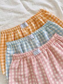 3 piezas de shorts cómodos y casuales con estampado a cuadros, decorados con lazos, shorts para dormir en verano - Multicolor 6 - Ver 5