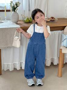 Young Girl' Blue Denim Loose Jumpsuit With Adjustable Straps - Medium Wash - View 6