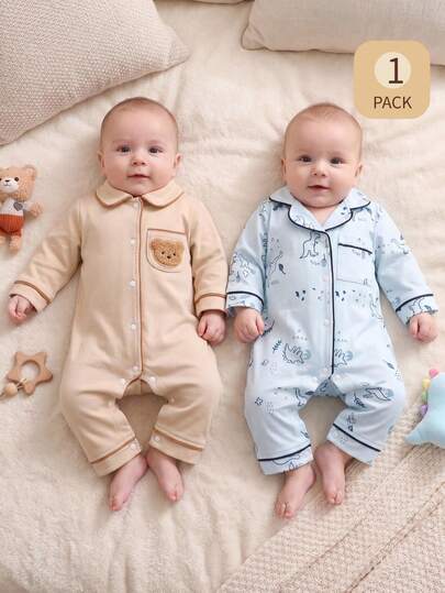 1pc Unisex 0-3 Years Old Newborn Romper Pajamas, Elegant Embroidered Heart Pattern, Turndown Collar Front Button Design, Easy On/Off, Soft Solid Color, Skin-Friendly & Comfortable
