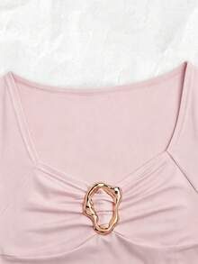 Franclia Women's Spring/Summer New Apricot Cinched Waist Raglan Sleeve Wide Collar Metal Buckle Decor Casual Outgoing Commute Vacation Date Top Tee - Baby Pink - View 5