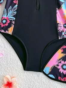 SHEIN Tween Girls Tankini Swimwear,Blue Summer Boho Beach Holiday Swim Holiday,Long Sleeve Rash Guard Set,Zipper 2pcs Modest Bathingsuit With Shorts,Pool - Multicolor - View 5
